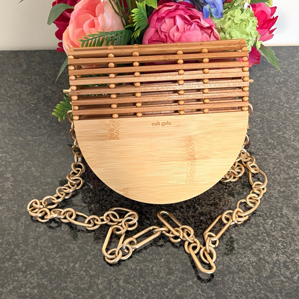 Cult Gaia Tan Bamboo Clutch with Gold Chain